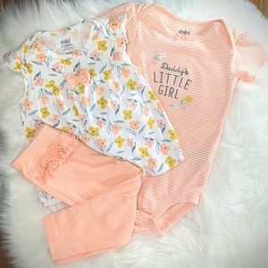 Floral Top with Bow, Onesie, and Pants